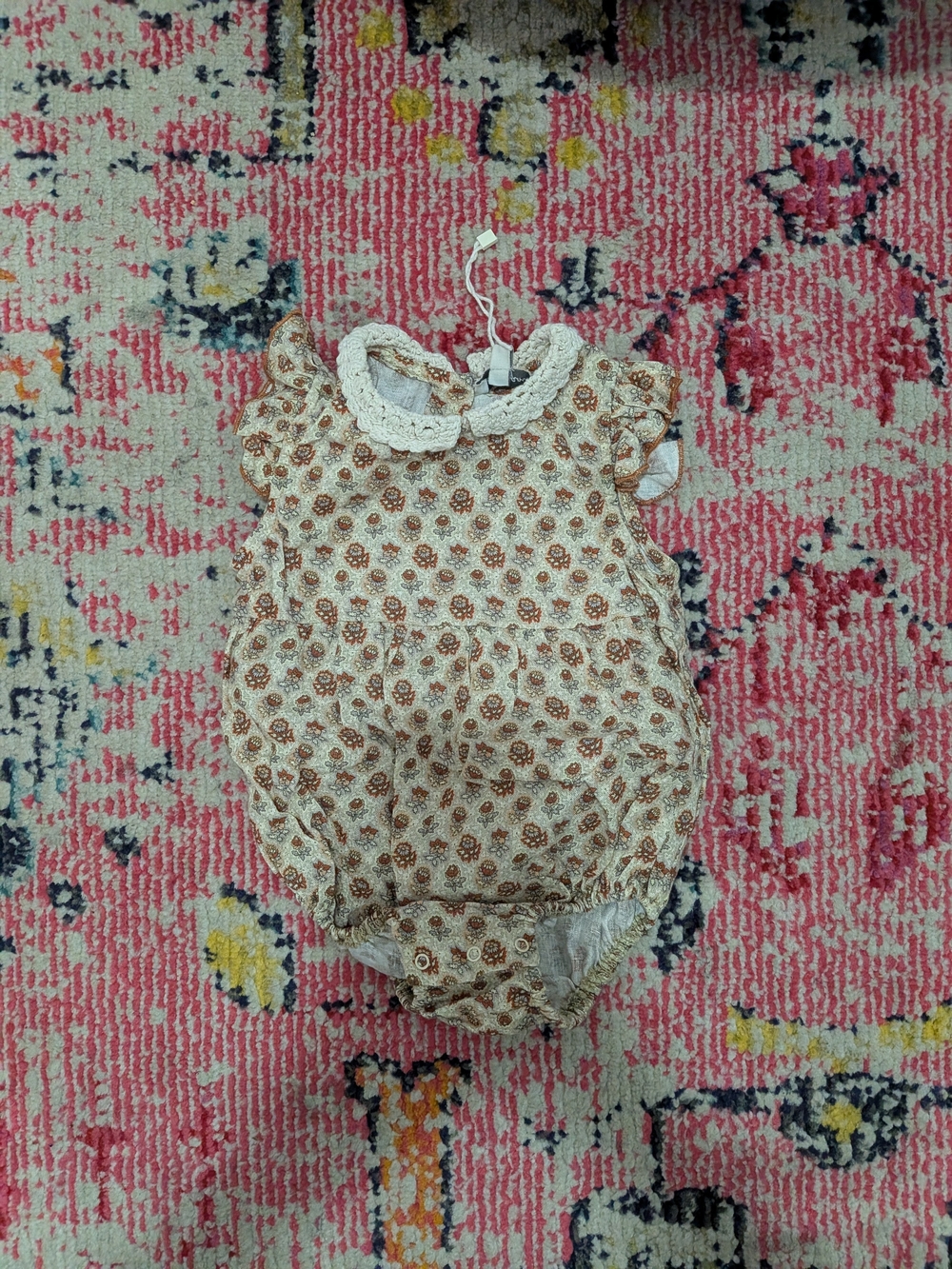 Bebe Organic Floral Cotton Romper with Lace Collar - Cream and Brown